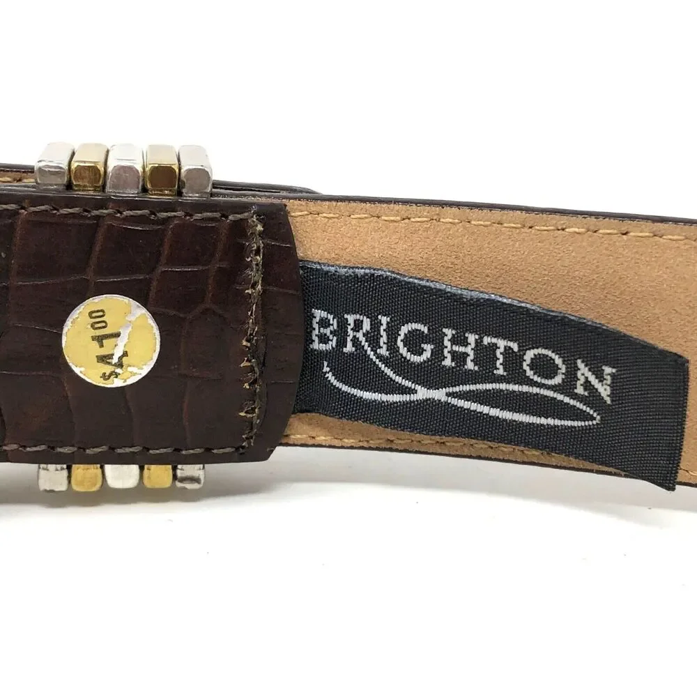 Brighton Croc Embossed Leather Belt Womens M/30 Brown Silver Gold Buckle Glam